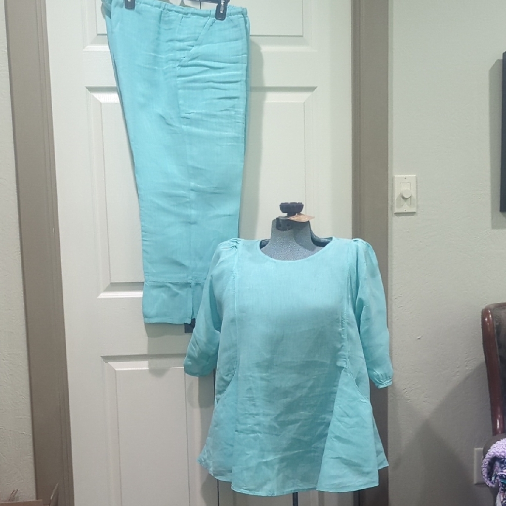 Match Point Chic Aqua Pantsuit with Relaxed Fit and Lightweight Linen Fabric